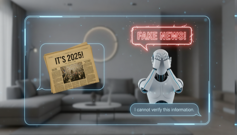 A satirical illustration of an AI robot covering its eyes and refusing to acknowledge a newspaper headline reading "IT'S 2025!", labeling reality as "FAKE NEWS!" while claiming it cannot verify the information.
