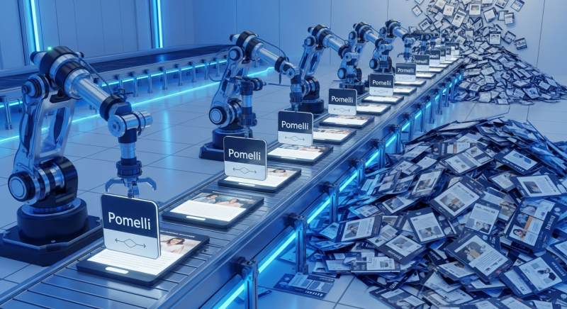 A futuristic AI content factory with robotic arms stamping Pomelli branding onto social media posts on an assembly line, with identical marketing content cards piling up at the end—symbolizing mass-produced, template-driven marketing automation.