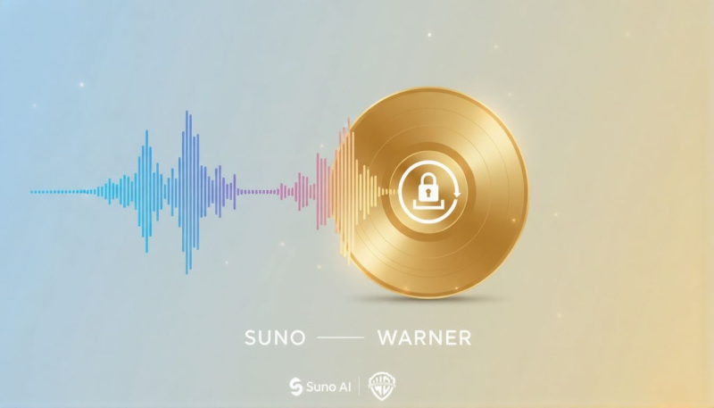 Audio waveform transforming into locked golden record with download icon, Suno AI to Warner Music licensing deal graphic, blue-to-gold gradient background symbolizing music copyright evolution, professional tech aesthetic."