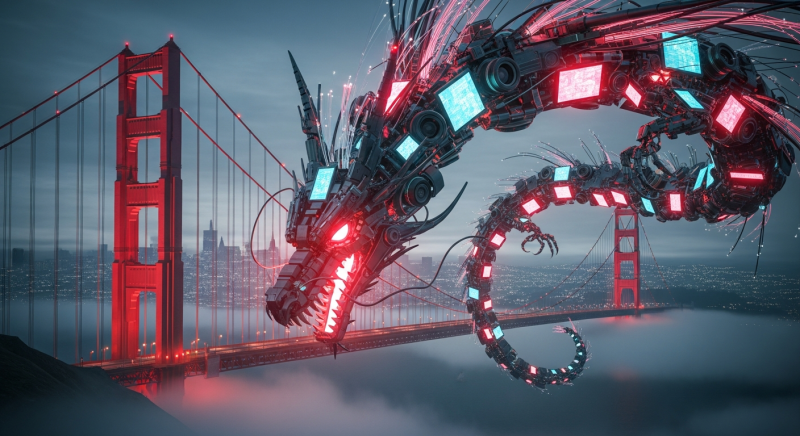 A massive cyberpunk dragon made of glowing red camera lenses and digital screens coiling around the Golden Gate Bridge, symbolizing the flood of Chinese AI video technology overtaking Silicon Valley.
