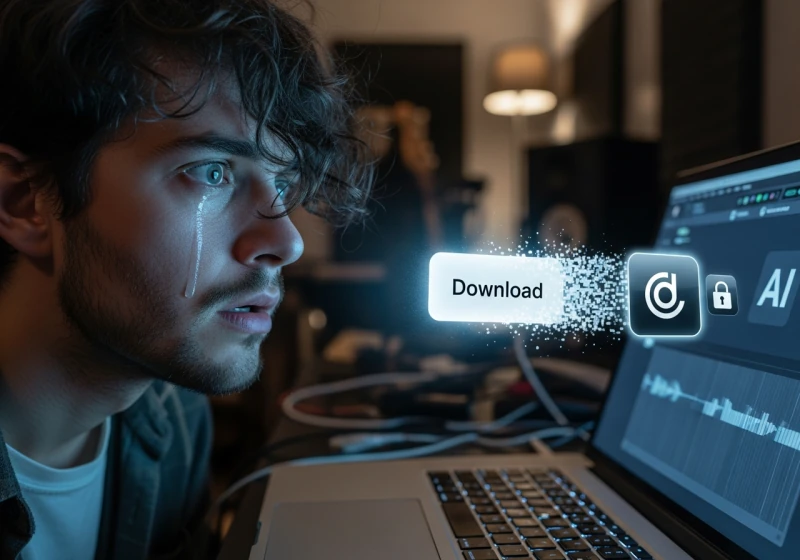 A distressed artist looks at his laptop, crying as the 'Download' button for his AI music creation disintegrates, symbolizing the Udio backlash
